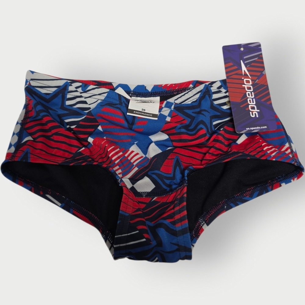 New Speedo Men's Swim Briefs Overdrive True Cobalt Star Pattern Size 26 BLUE RED